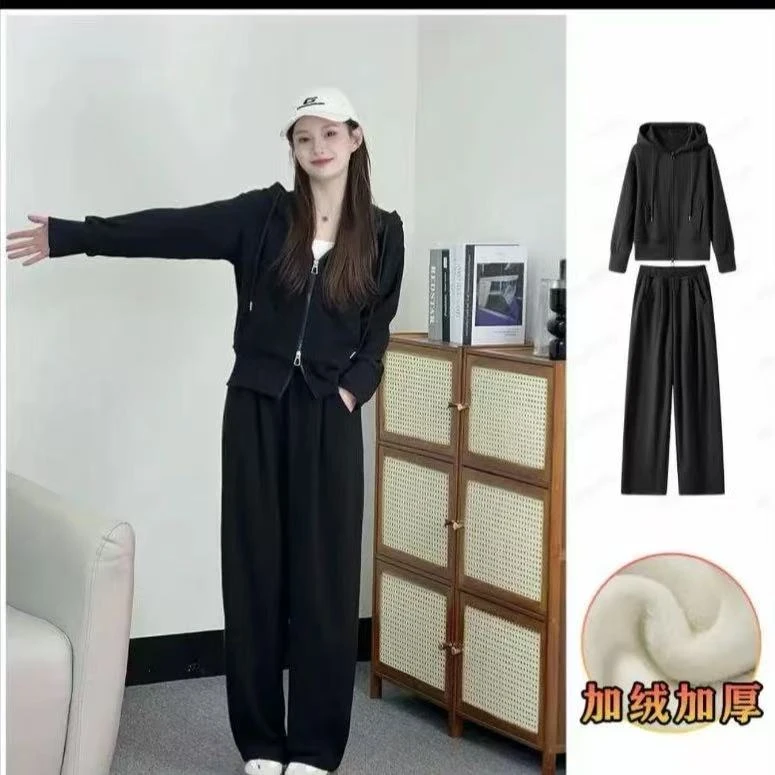 2024秋冬款加厚加绒时尚显瘦百搭休闲运动卫衣套装阔腿两件套