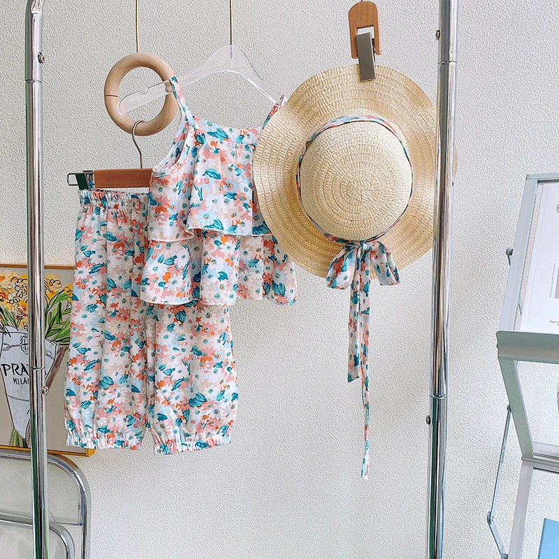 【小老虎】夏款女童花朵吊带上衣+休闲裤两件套送帽子 RX1927