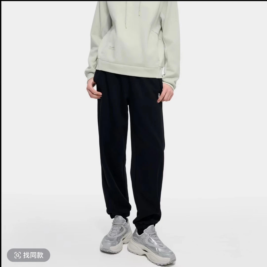 FILA斐乐秋冬加绒黑色束脚裤女针织运动户外透气休闲裤舒服穿搭