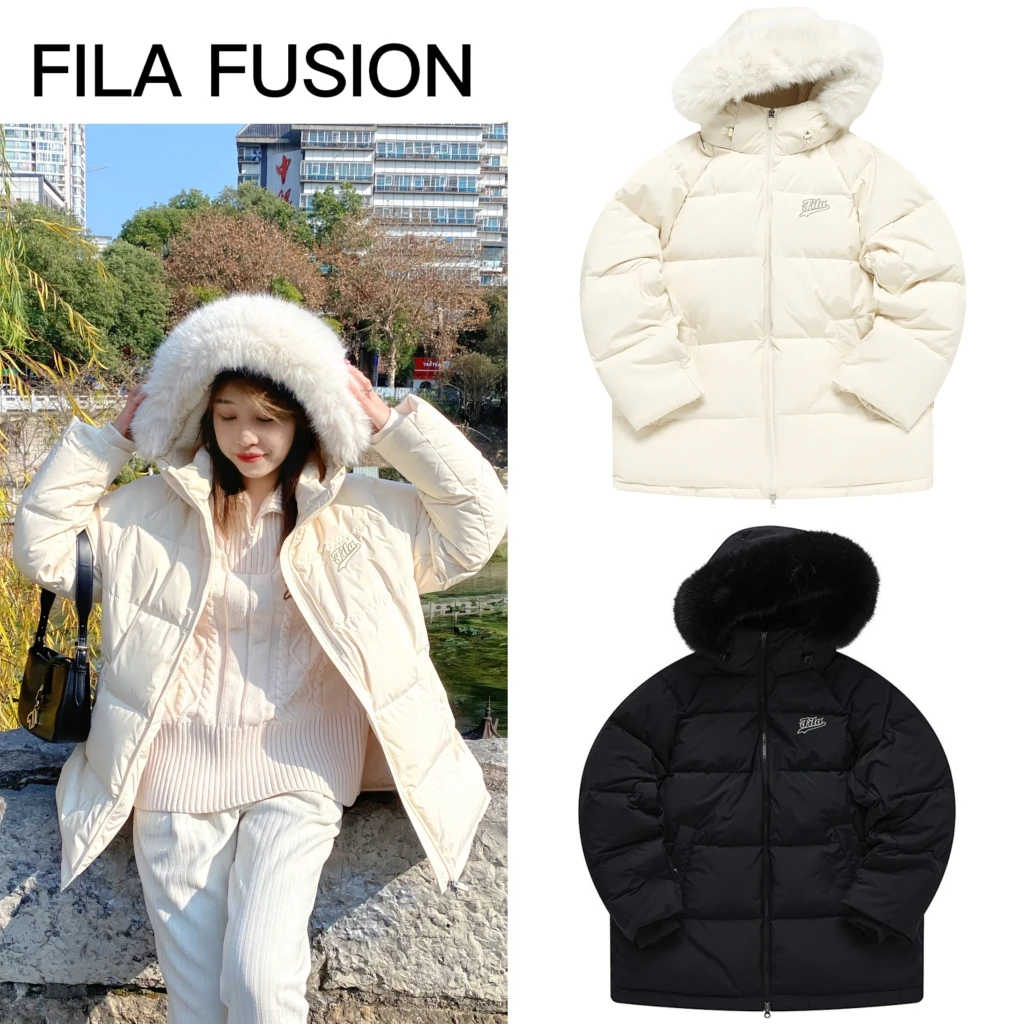 FILA斐乐宽松冬季情侣款加厚保暖连帽时尚中长款羽绒服T11W242909