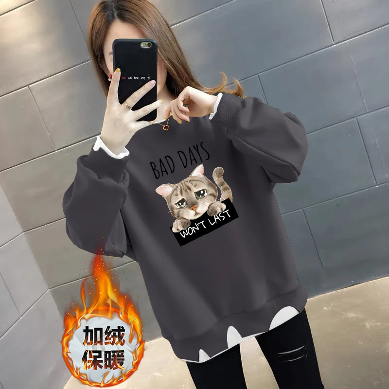 加绒加厚假两件卫衣女时尚显瘦韩版宽松洋气长袖保暖ins上衣外套