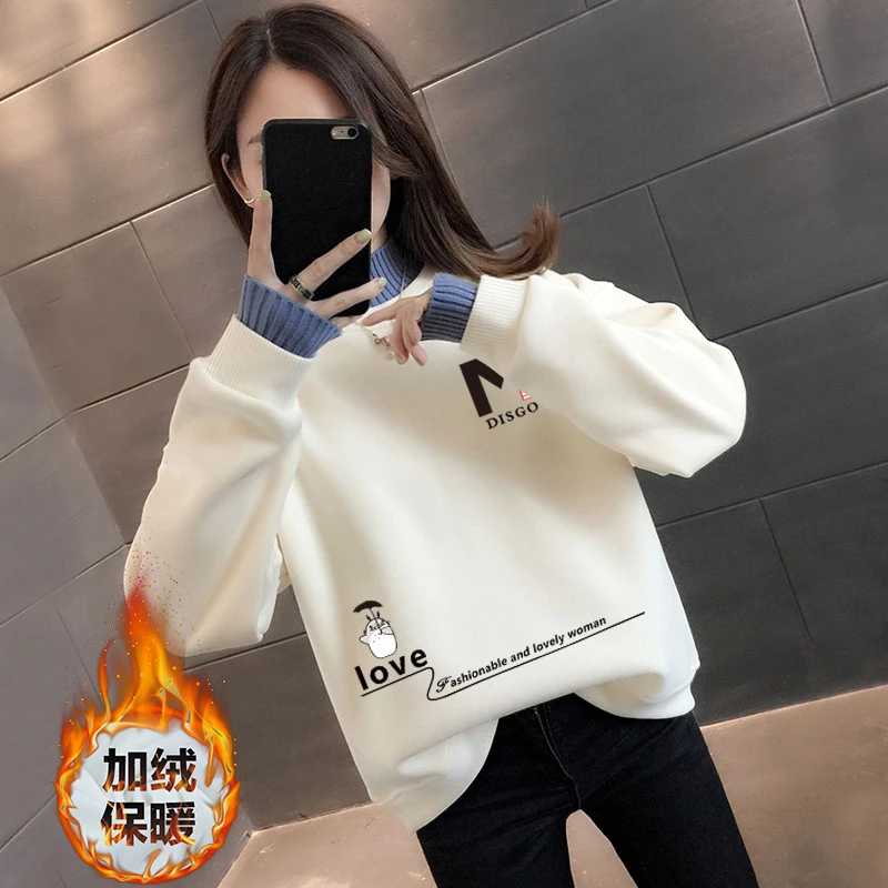秋冬加绒半高领假两件卫衣女爆款韩版宽松百搭女学生学院风上衣
