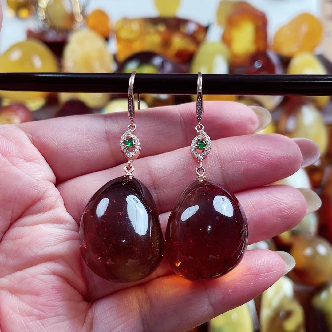 琥珀裸石银S925镶嵌耳环