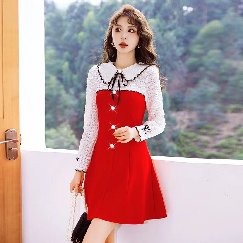 法式本命年红色小个子长袖连衣裙女秋季春冬新款气质礼服掐腰裙子
