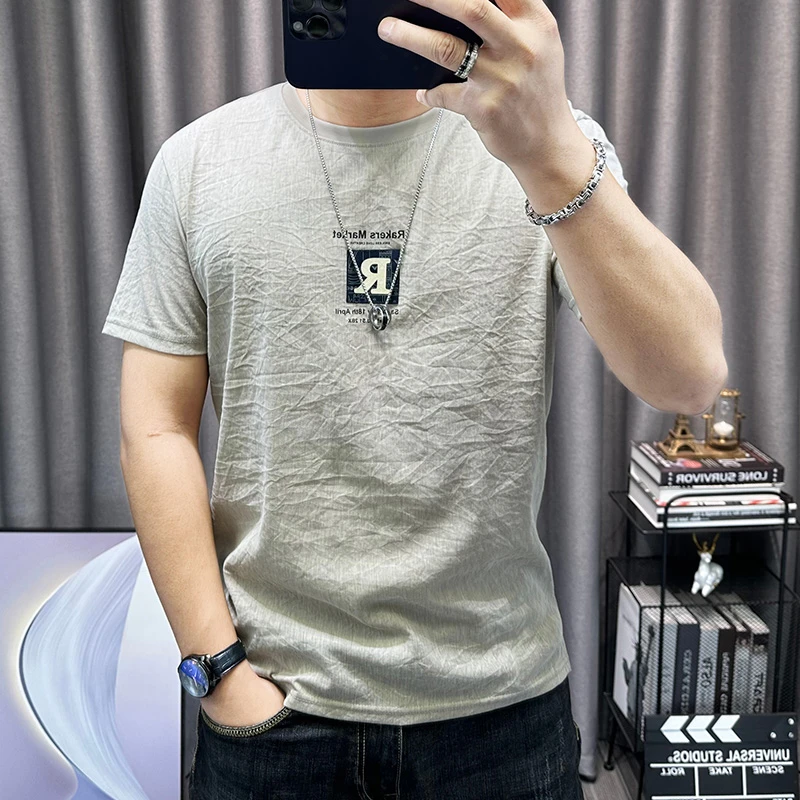 短袖t恤衫男士2024夏季新款印花高端休闲棉麻半袖体恤衫男装上衣