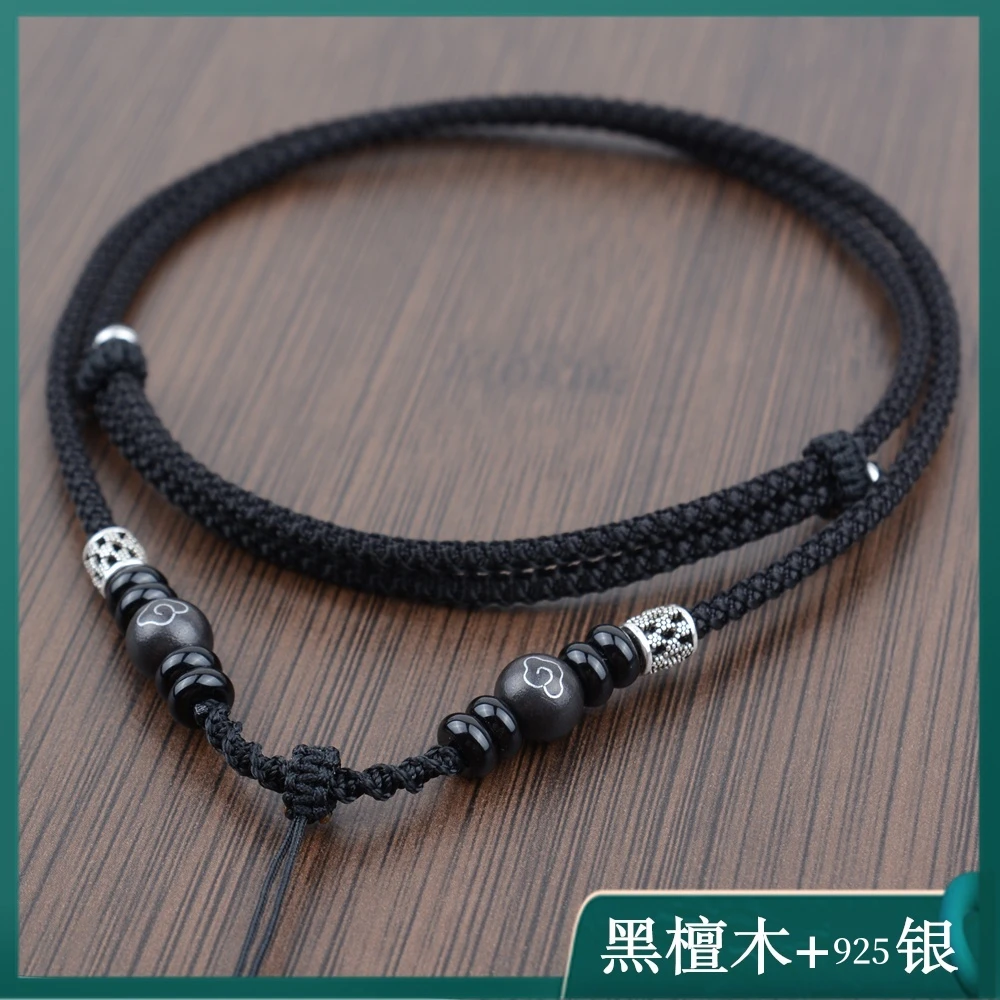 925银银制品 复古黑檀木手工编织项链吊坠挂绳男款吊坠挂件绳挂脖
