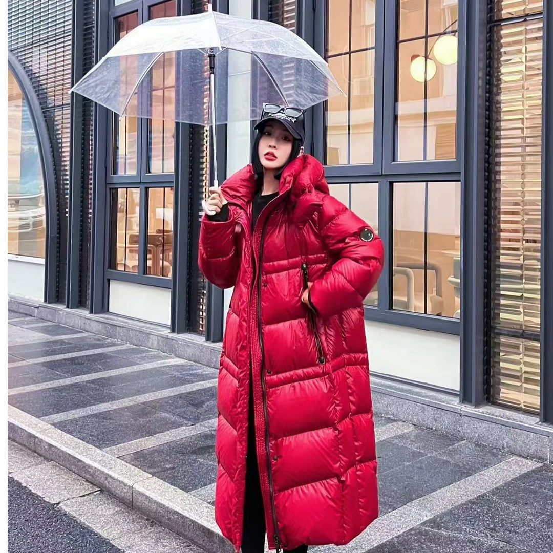 新款高级感连帽羽绒服女2024年冬季新款加厚保暖白鸭绒长款面包服