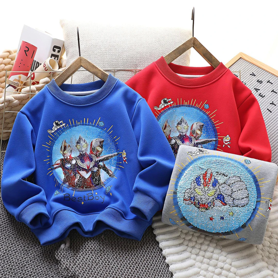 秋冬季2024新款加绒男童卫衣亮片变脸帅气儿童卡通圆领中大童装