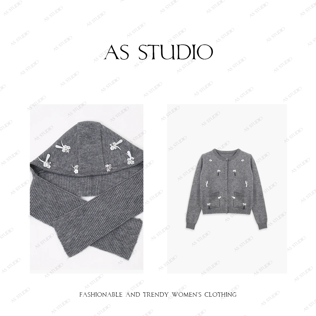 【AS珠花】25新手工定制名媛开衫围巾帽两件套AS24DMY3190