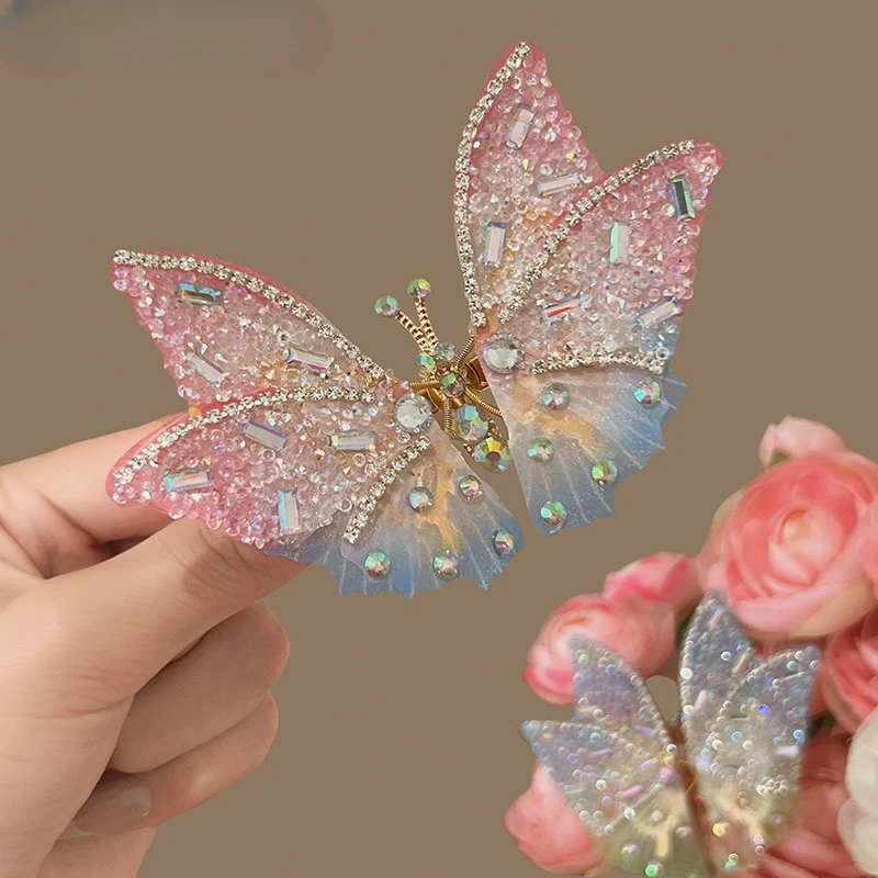 渐变蝴蝶发夹网纱侧边刘海夹森系前额碎发鸭嘴夹发卡头饰动态彩蝶