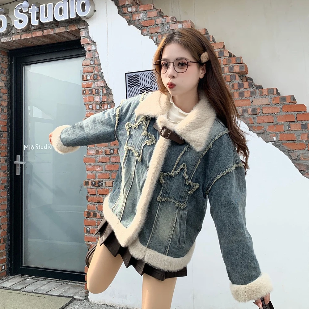 摩登少女 织物猪原创 摩登复古加绒拼接牛仔外套