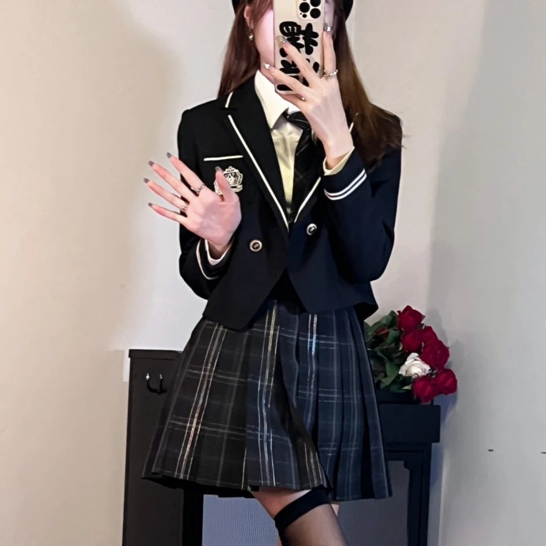池泽奈浓绀色西服套装 学院风原创jk制服秋款女 短款收腰西装