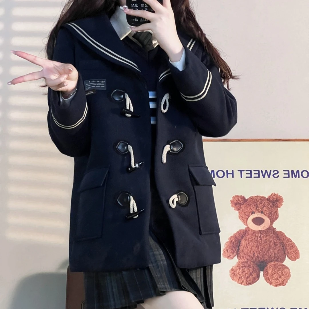 【溟雾川】绀色短款毛呢大衣 织物猪 冬季学院风jk制服修身外套