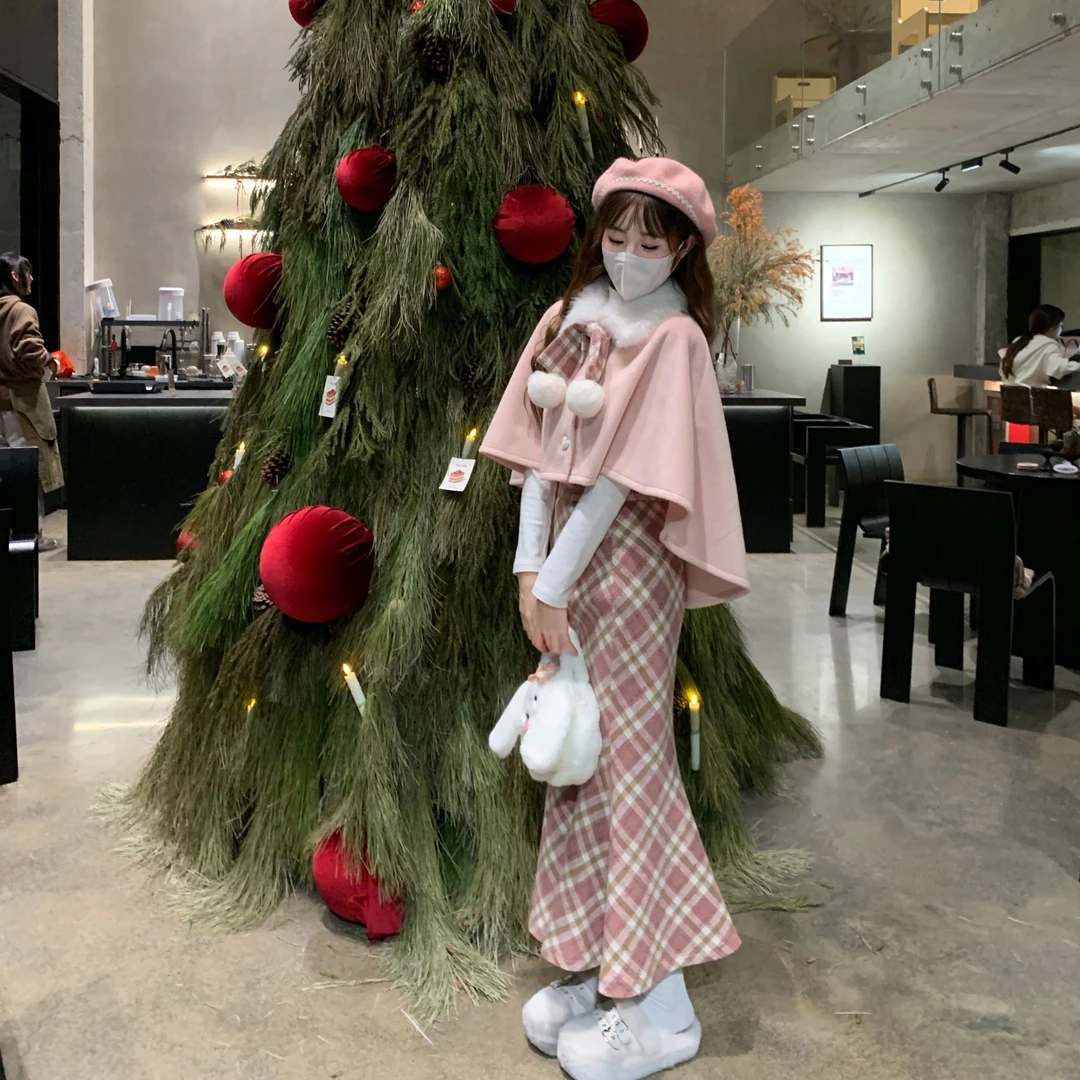 冬日恋曲粉色 织物猪原创 千金风斗篷披肩外套女秋冬格纹鱼尾裙