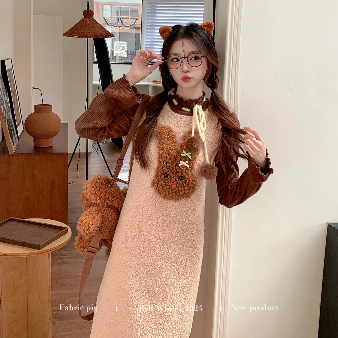 港岛日落 织物猪原创学院风长款毛感假两件美拉德连衣裙