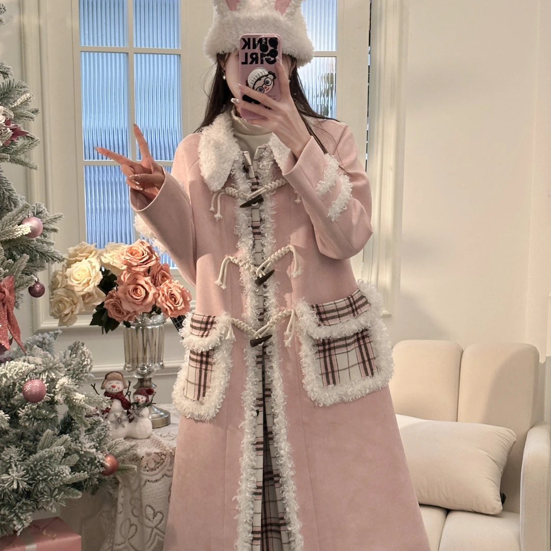 绵绵小羊  织物猪原创 美式学院风长款粉色拼接格子大衣JK制服