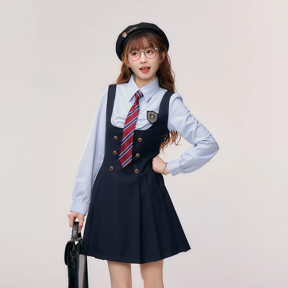江原女高 织物猪原创 蓝色学院风收腰显瘦美式背心裙 jk制服