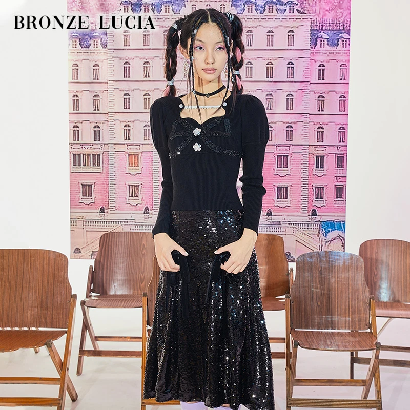 BronzeLucia黑色早秋气质蕾丝内搭针织衫女薄款毛衣-BLBBZZY44