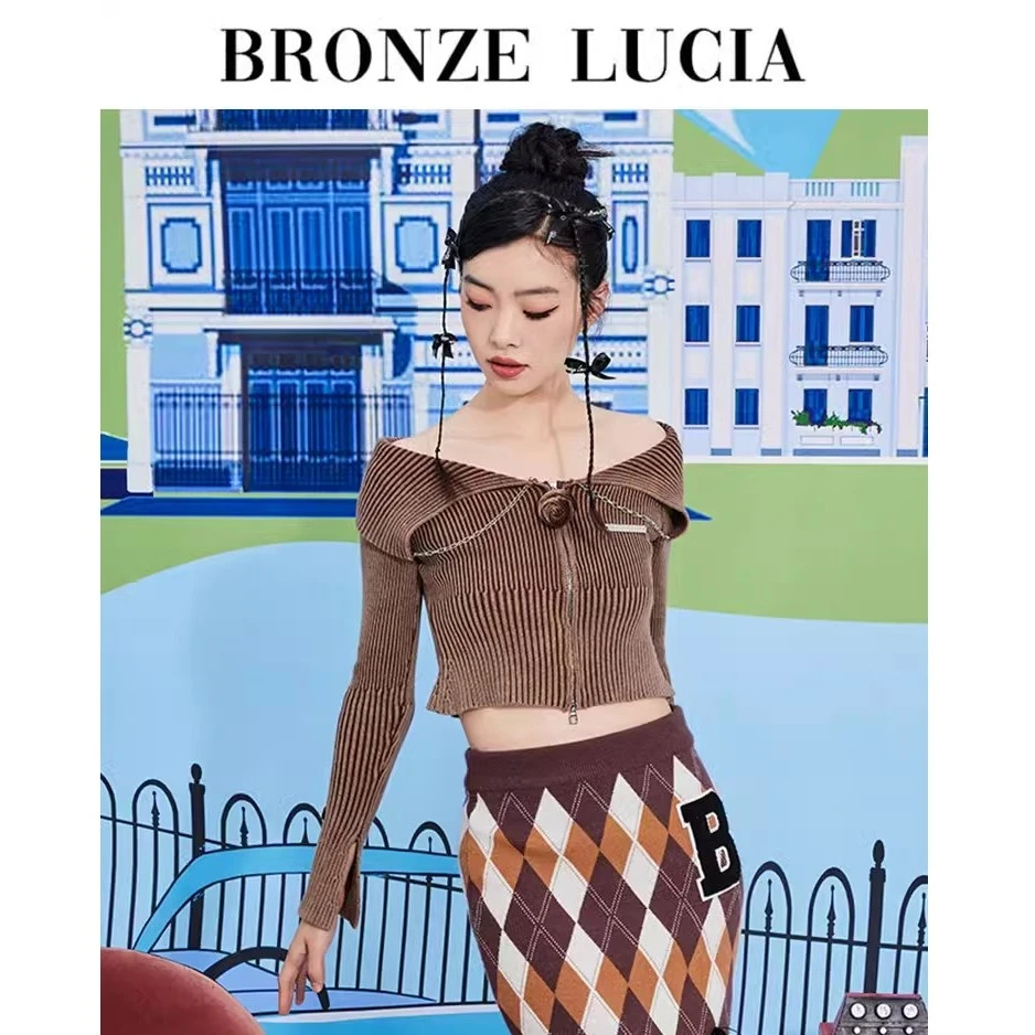 Bronze Lucia一字肩拉链开衫2023秋冬款美拉德针织衫BLBCWYY83