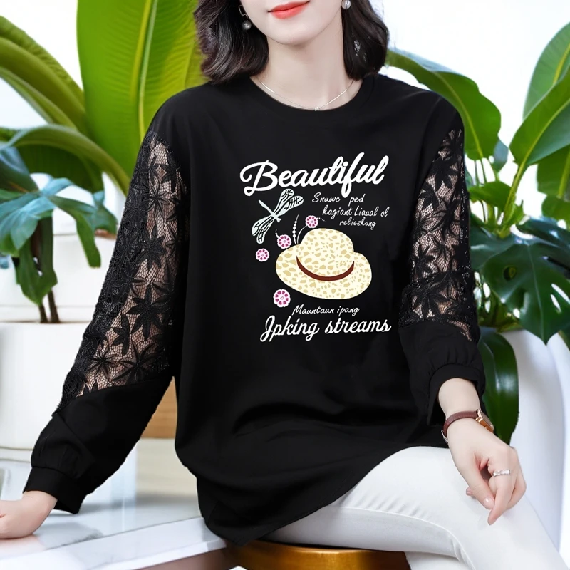 加肥加大码蕾丝长袖t恤女秋装新款胖mm200斤宽松遮肉打底衫上衣潮