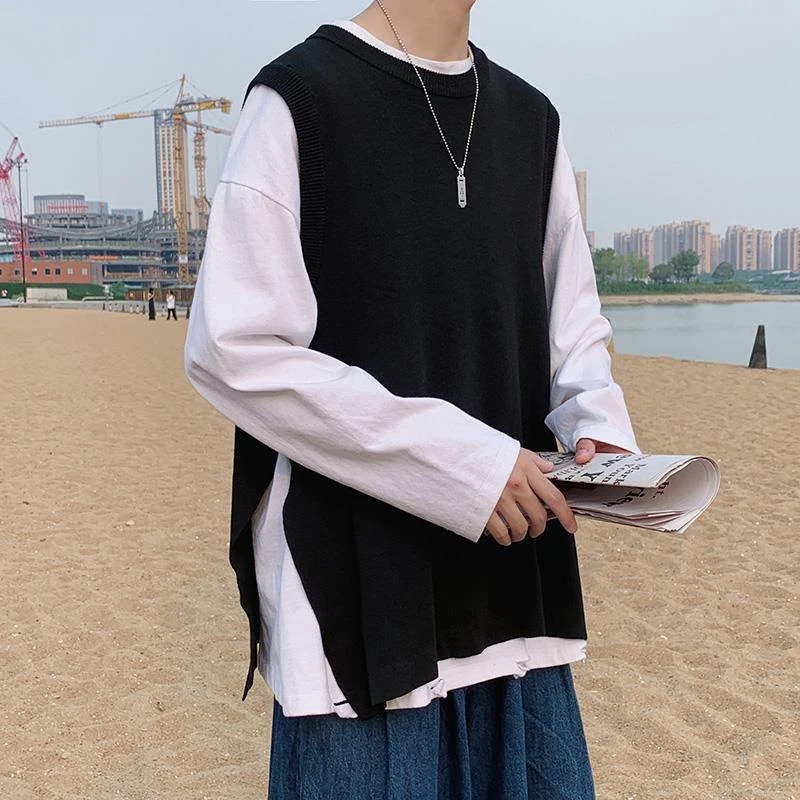 无袖毛衣男春秋款设计感宽松针织衫马甲秋季潮流百搭坎肩背心