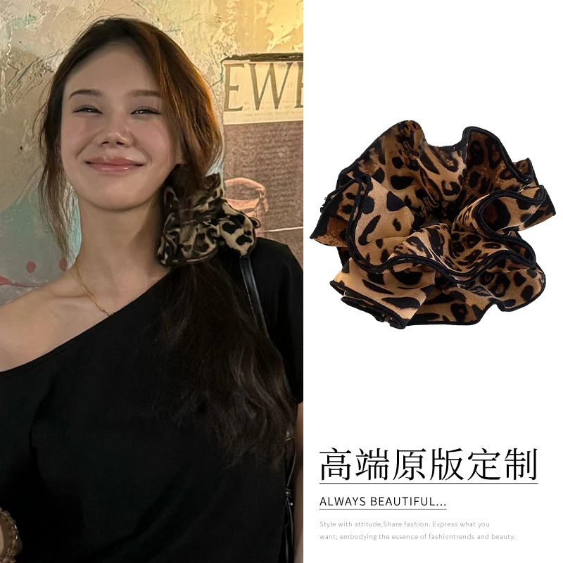 辣妹双层豹纹花边大肠法式头绳2024新款扎发头花发饰低丸子头发绳