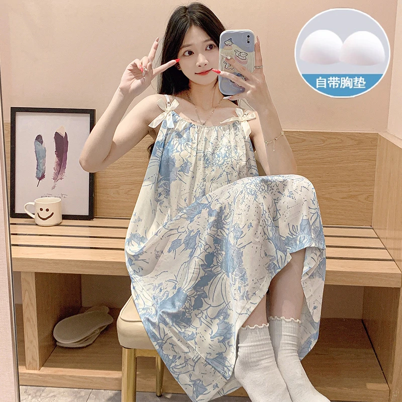 睡裙女夏季薄款无袖吊带胸垫冰丝绸夏天新款甜美少女睡衣裙家居服
