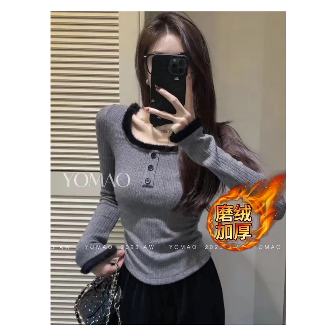 【赫饰】磨绒加厚11158微胖冬季保暖胖mm修身显瘦正肩气质长袖t恤
