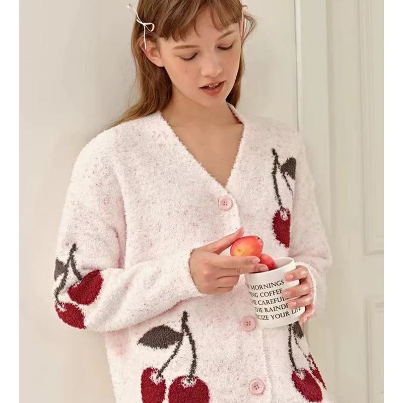 莫里伊【粉色彩点樱桃开衫】小众时尚设计休闲可外穿保暖睡衣家居服