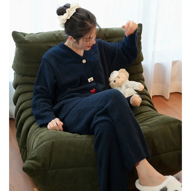 莫里伊【无规则纽扣藏青色】小众时尚设计休闲可外穿保暖睡衣家居服