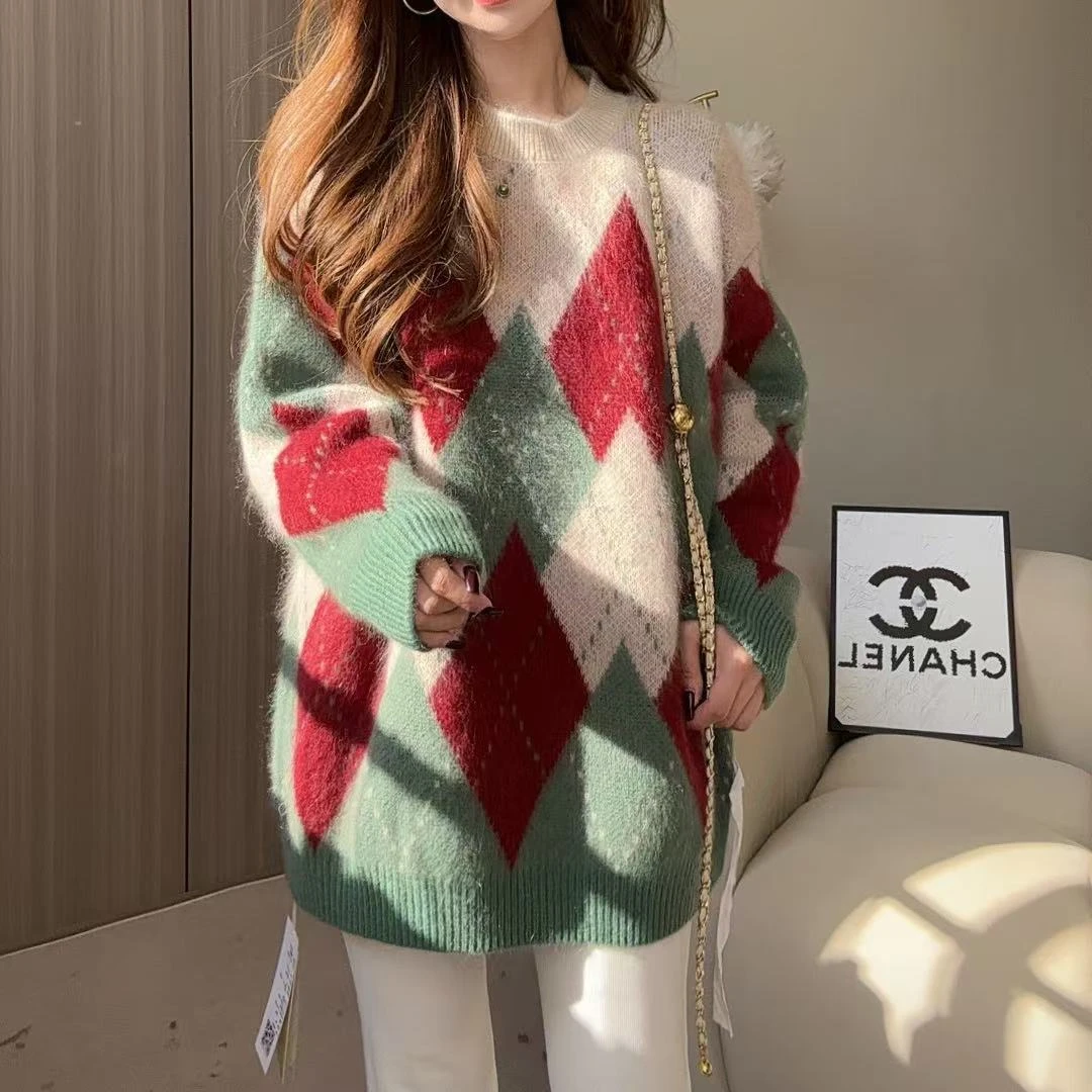 【古里古气】241874菱格圣诞氛围秋冬加厚圆领休闲百搭山羊绒套头