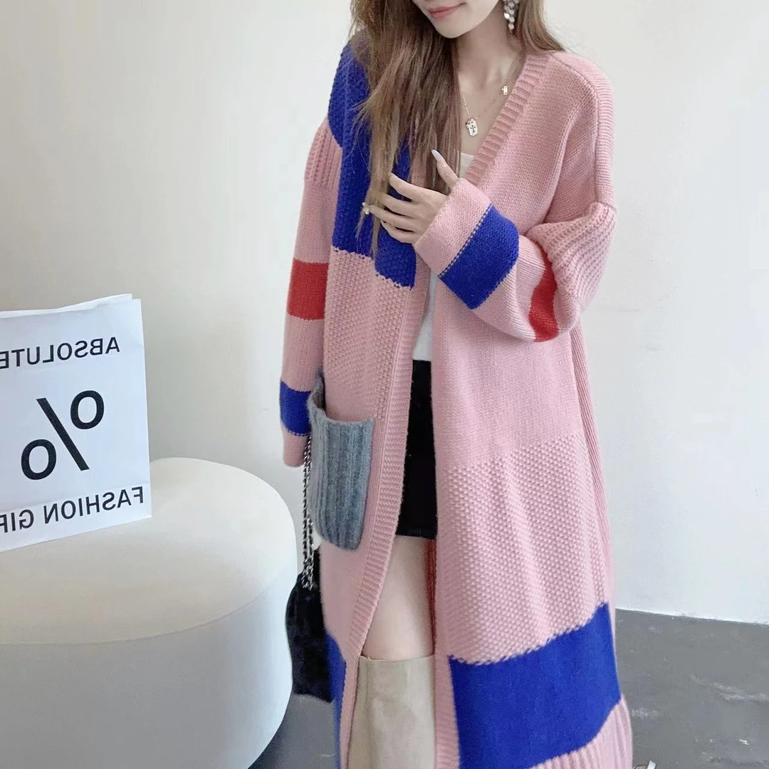 【康赛妮100山羊绒】240765-拼色文艺范百搭加厚保暖针织羊绒开衫