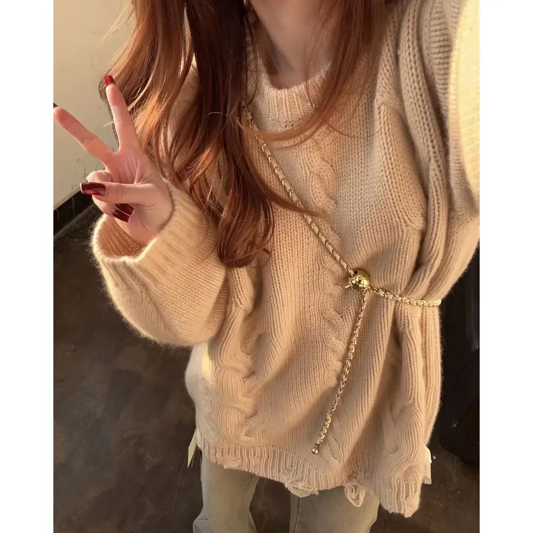 【俩月羊绒】法式231516慵懒风时尚气质复古绞花圆领套头纯羊绒衫