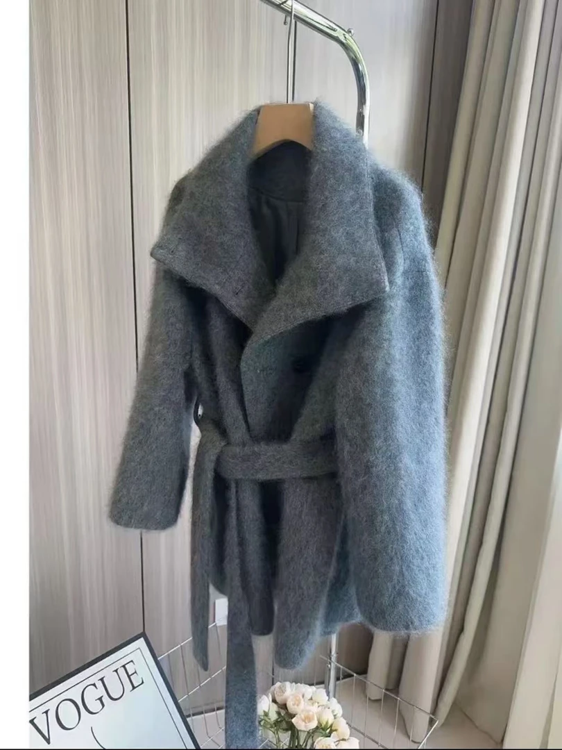 【100山羊绒】240403韩版梭织立领大衣单排扣外套带腰带气质百搭款