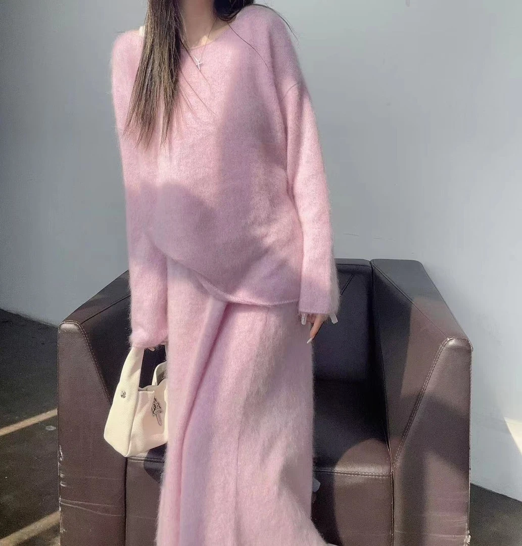 【俩月羊绒】拉绒工艺240062-240063-简约慵懒风小众针织羊绒套装裙