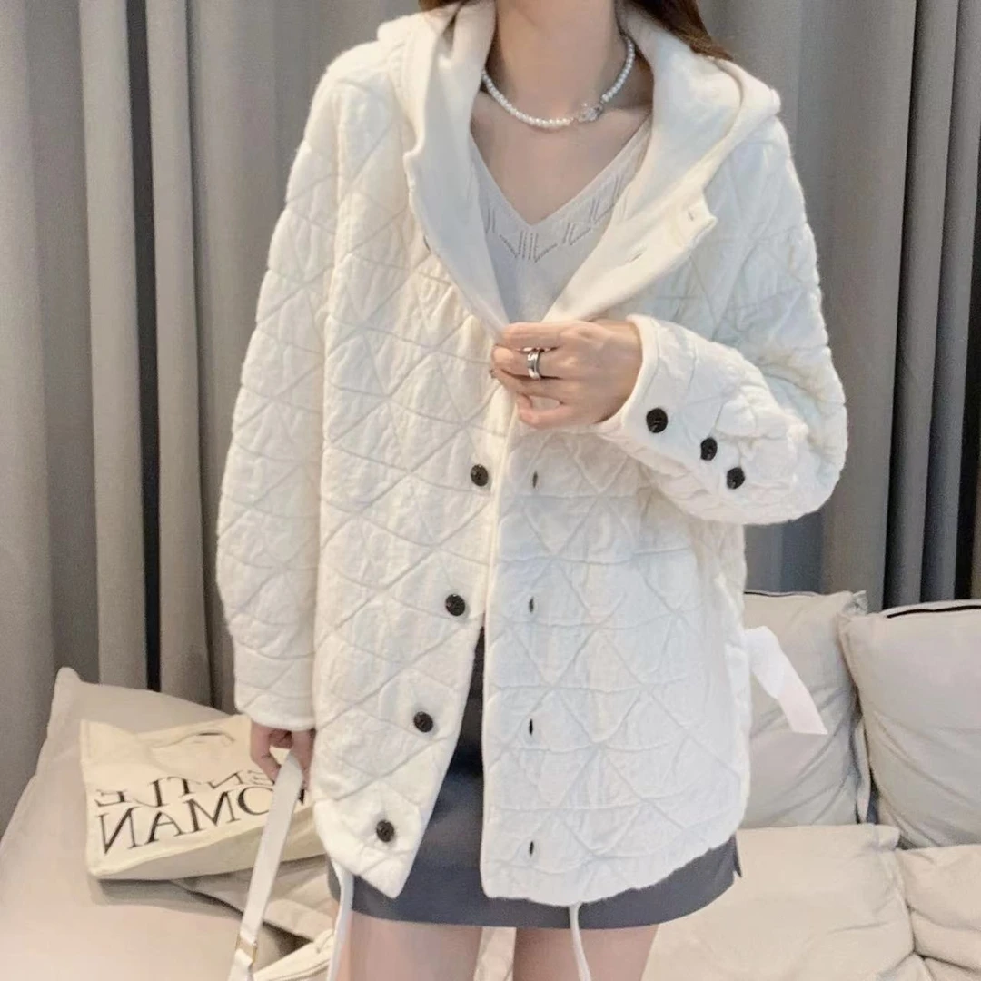 【俩月羊绒】重磅款230598-100山羊绒气质高级感菱形格纹连帽外套