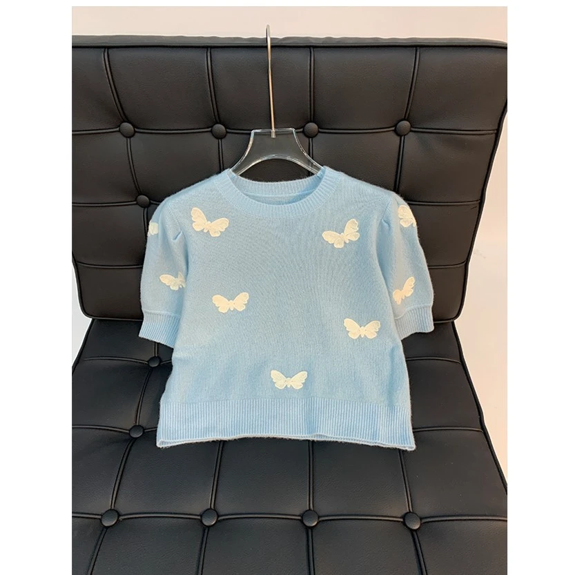 【俩月羊绒新款】230225轻奢时尚气质立体蝴蝶圆领纯羊绒衫上衣