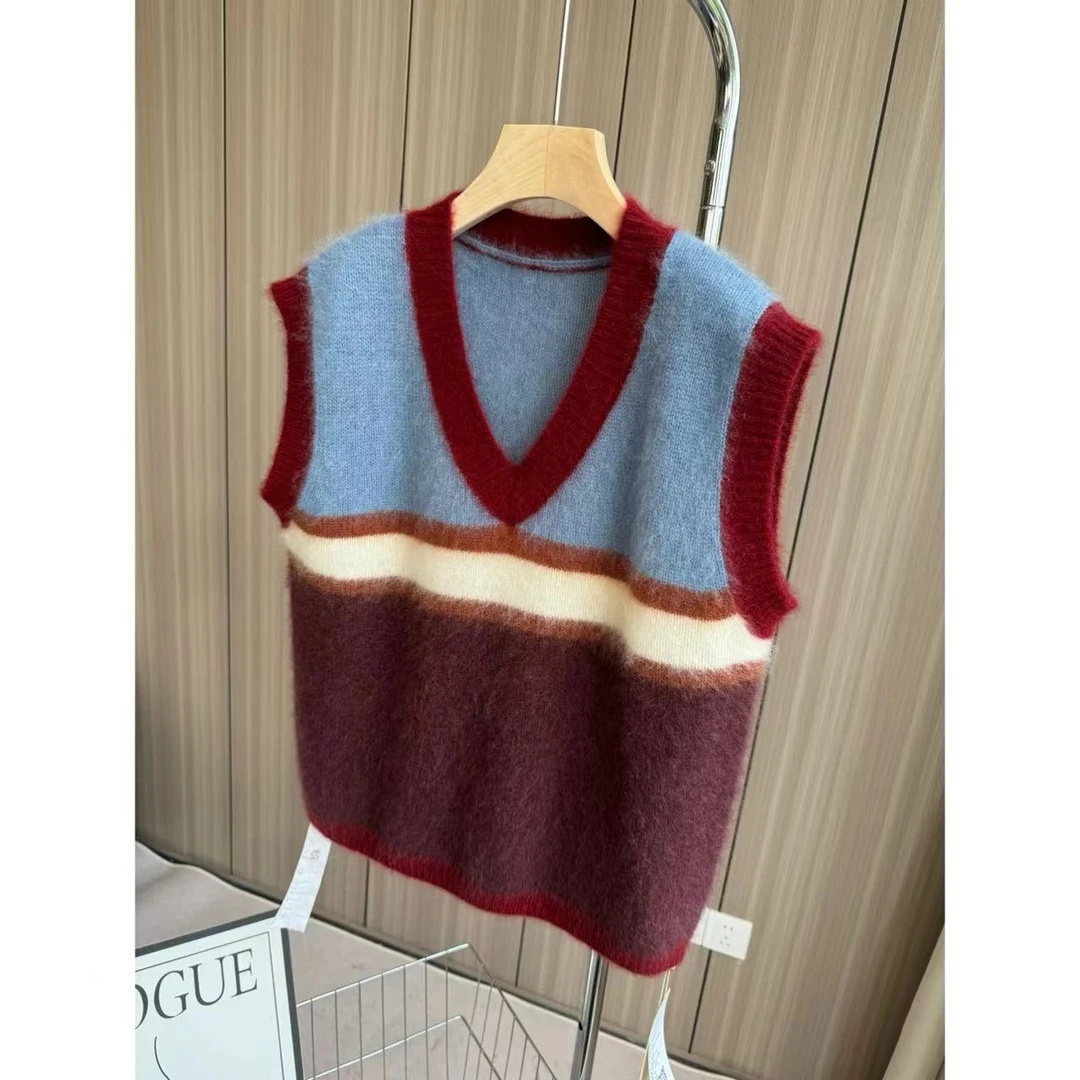 【100山羊绒背心】240771秋冬V领拼色款时尚洋气马甲背心保暖