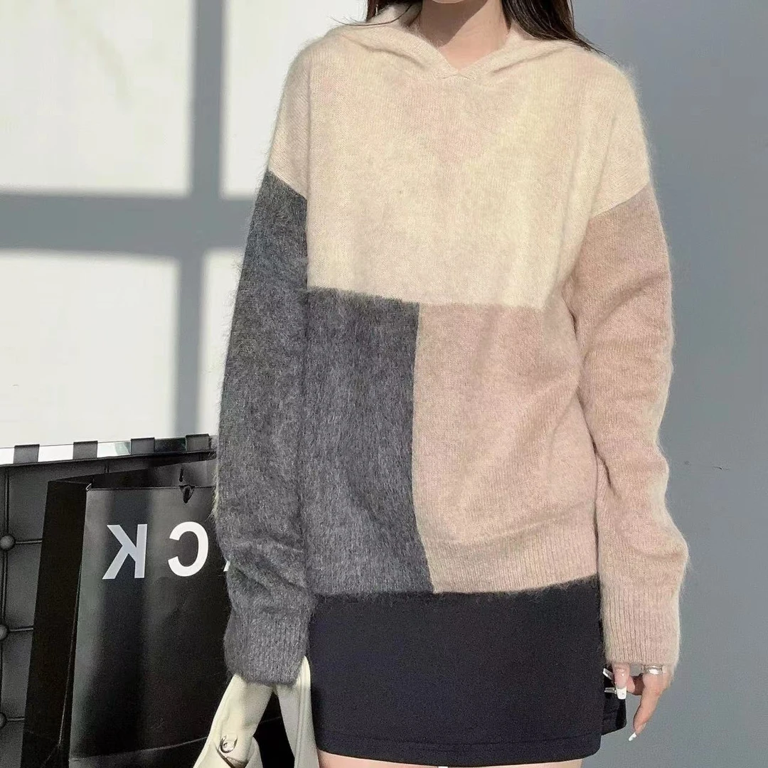 JIE NA YANG 轻奢231327拉绒工艺-慵懒风拼色套头带帽衫宽松