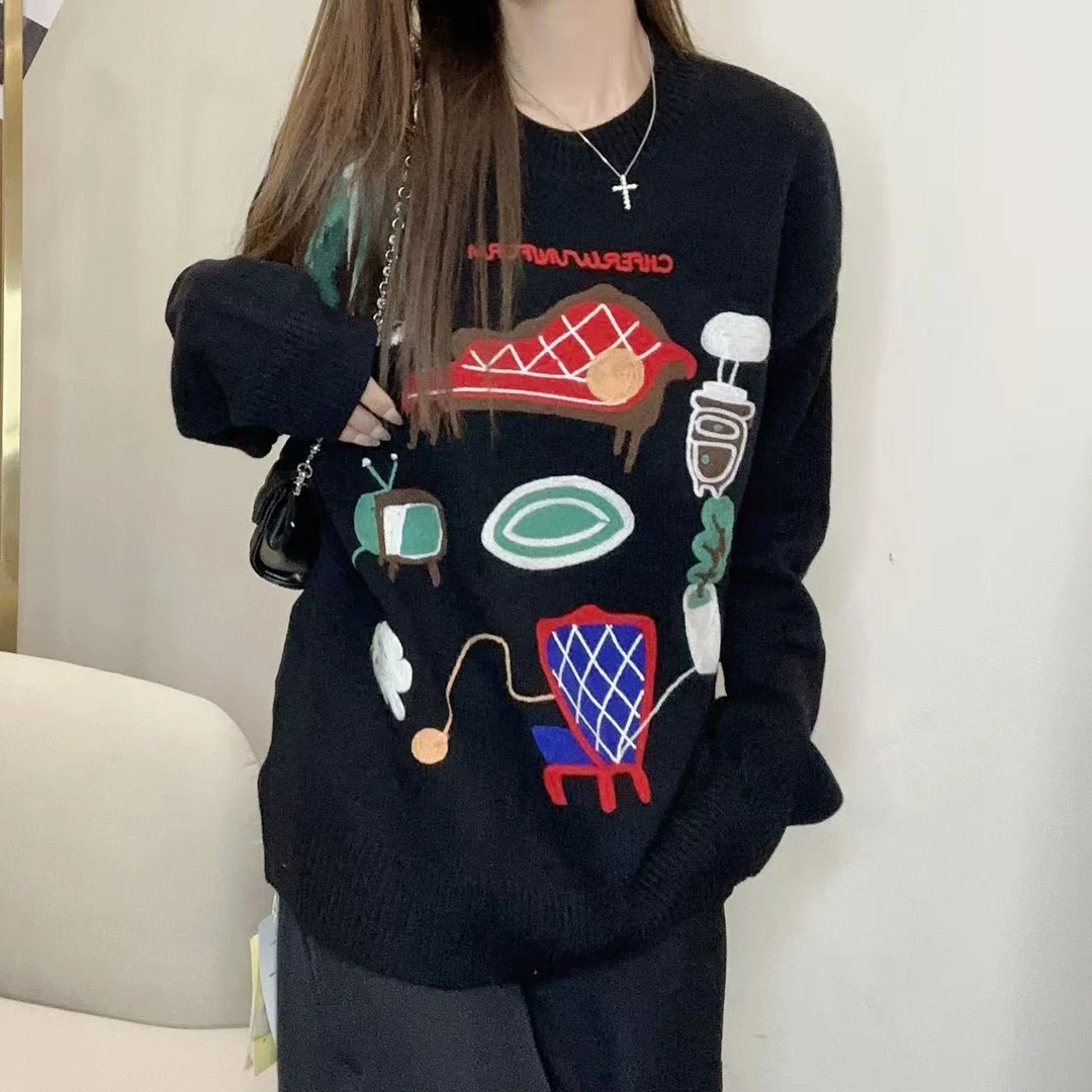 【俩月羊绒】轻奢240855-100山羊绒甜美复古风卡通刺绣针织套头衫