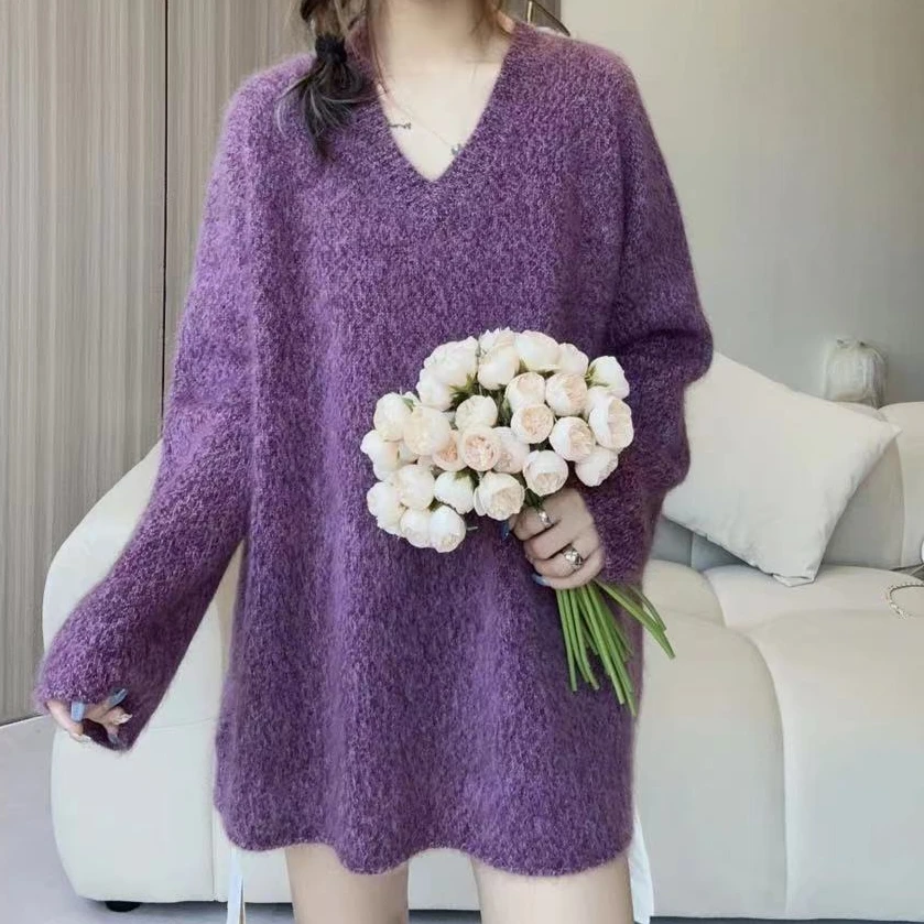 【重工花纱V领】240321温柔气质款V领羊绒衫氛围感紫色时尚洋气