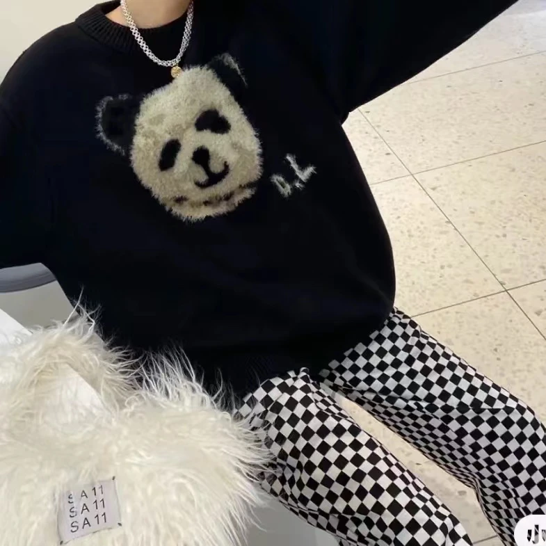 【俩月羊绒】拉绒工艺231927-时尚百搭熊猫图案针织羊绒圆领套头衫