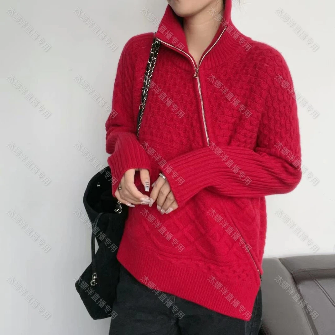 【俩月羊绒原创设计】221507名媛轻奢斜拉链绞花半高领羊绒衫网红