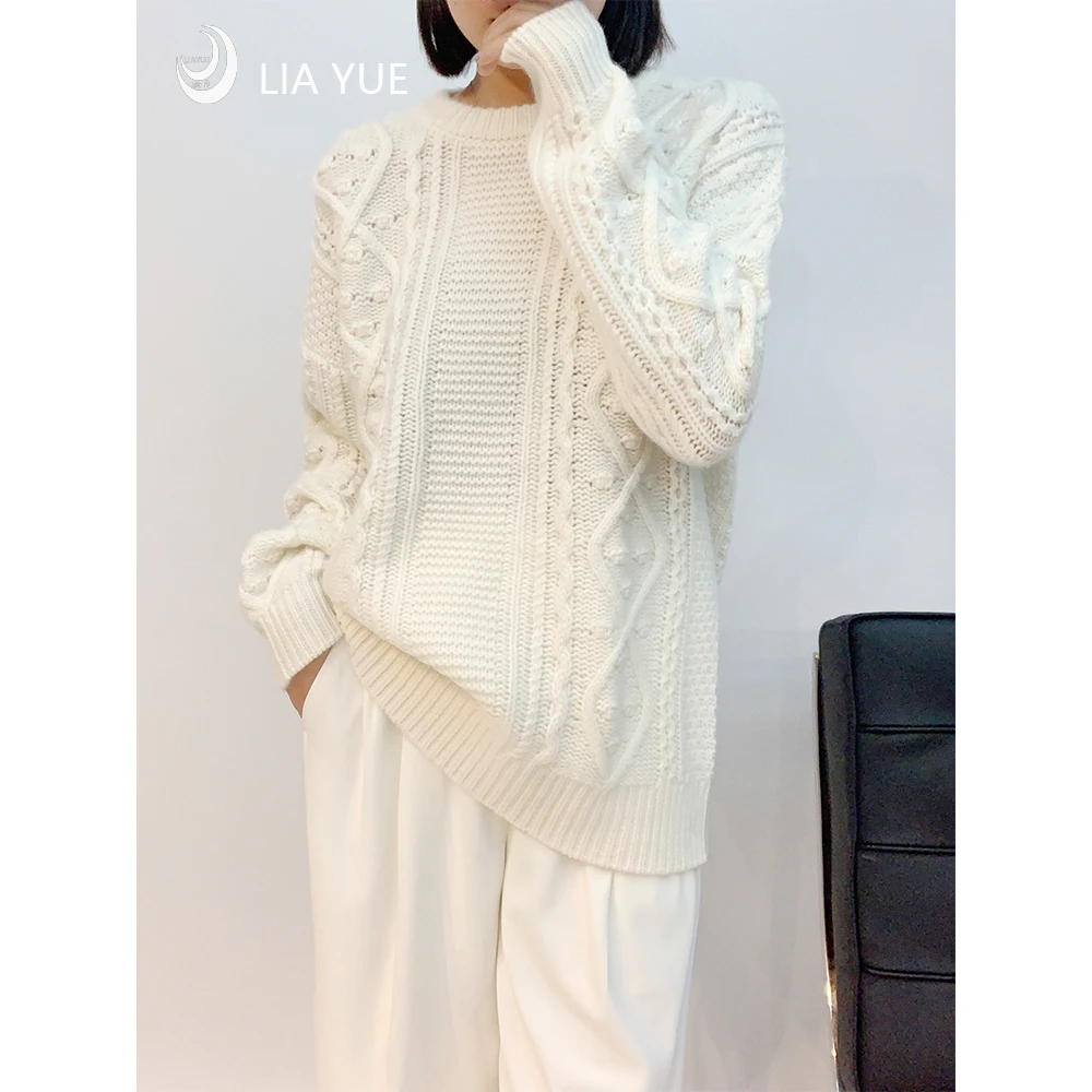 【俩月羊绒】221617慵懒风竖条绞花立体豆豆套头羊绒衫针织