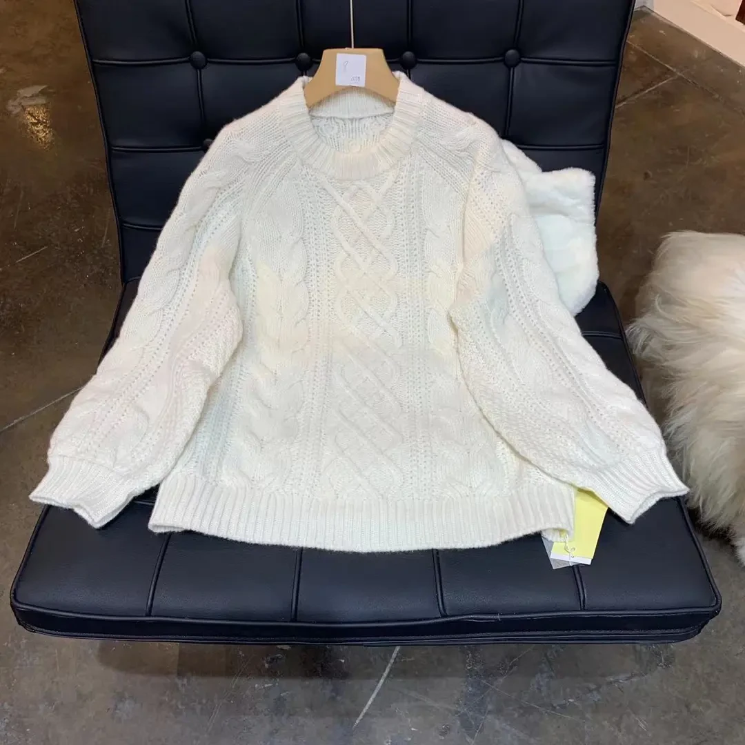 【俩月羊绒】221188重磅麻花羊绒衫宽松上衣白色打底长袖