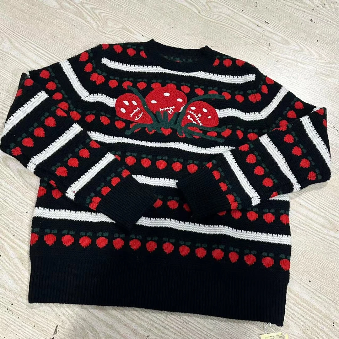 【俩月羊绒】轻奢231426-宽松慵懒风刺绣撞色条纹羊绒套头衫