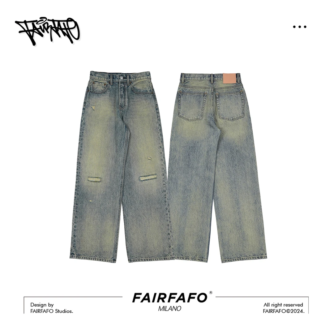 FAIRFAFO林肉肉【做旧破洞牛仔裤】HT24KZ005直筒复古做旧街头感