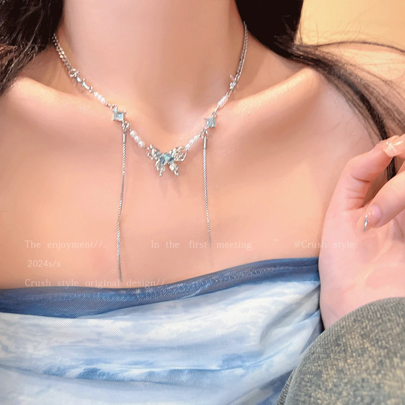 钛钢仿珍珠项链 LDLC贝珠拼接蝴蝶流苏锁骨链轻奢高级感配饰YU143