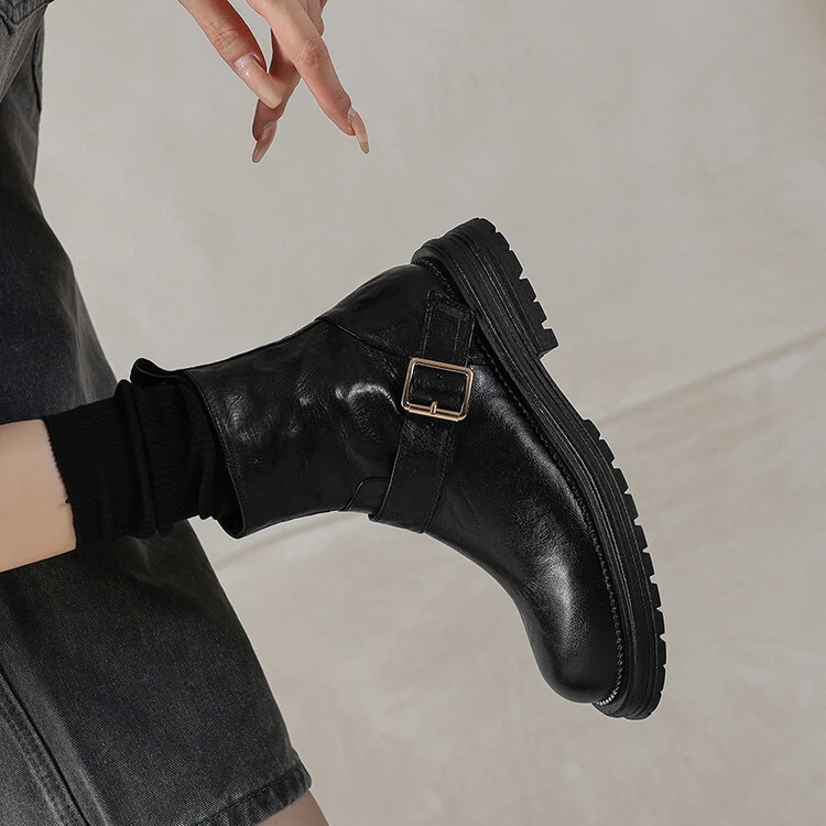 FLL~高级感~羊皮~复古圆头粗跟马丁靴短靴英伦风皮带扣机车靴秋冬