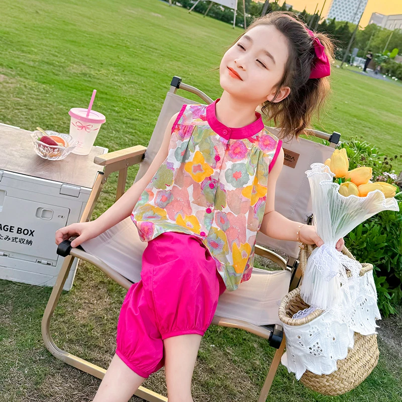 女童夏季时髦洋气套装中大儿童女孩甜美碎花无袖衬衫九分裤两件套